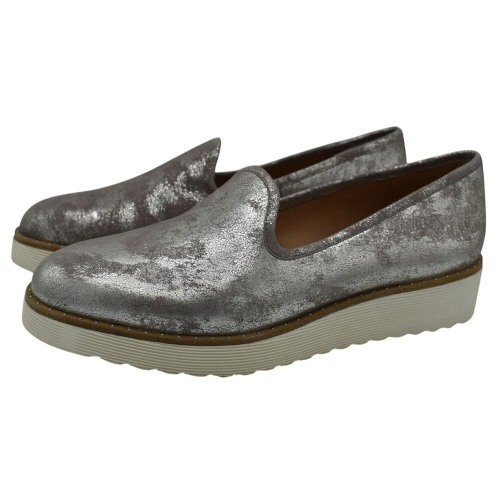 Johnston & Murphy Womens 11 Mitzi Venetian Pewter Metallic Suede Loafers Shoes